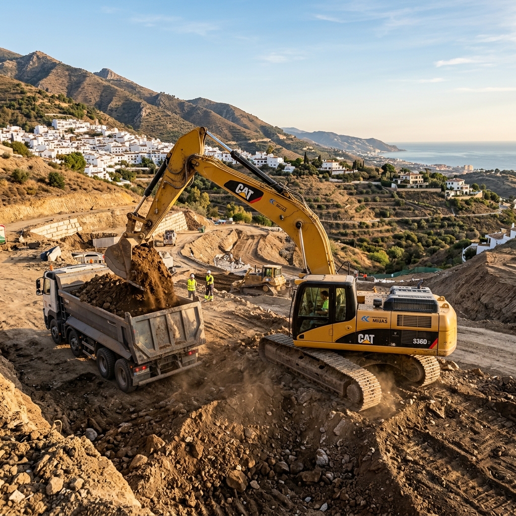 Excavadora moviendo tierra en Mijas
